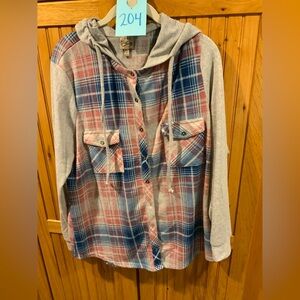 Como Vintage Gray and Red Plaid Hooded Shirt